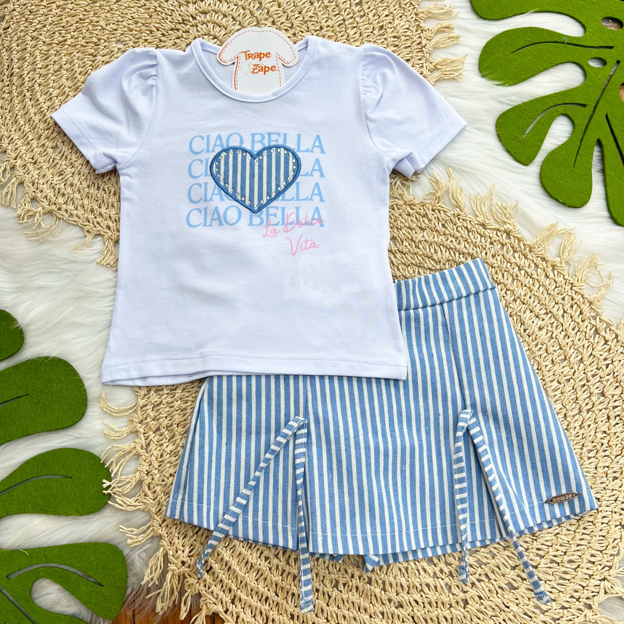 Conj Ciao Bella Coração Azul e Branco
